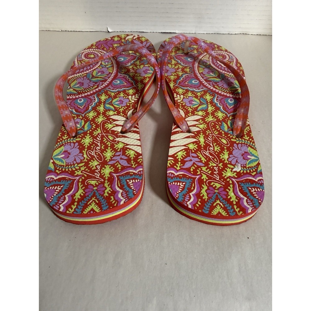 Vera Bradley Floral Multicolor Orange Pink Padded Womans Flip Flops 9/10 Sandals - Picture 5 of 7